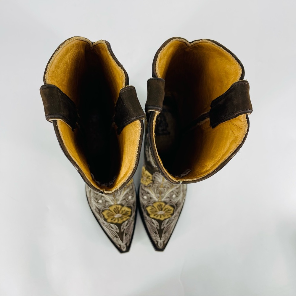 ✨Old Gringo Brown Leather Embroider Tan Butter Yellow Floral Heel Boot 6.5 Rodeo - Picture 12 of 16